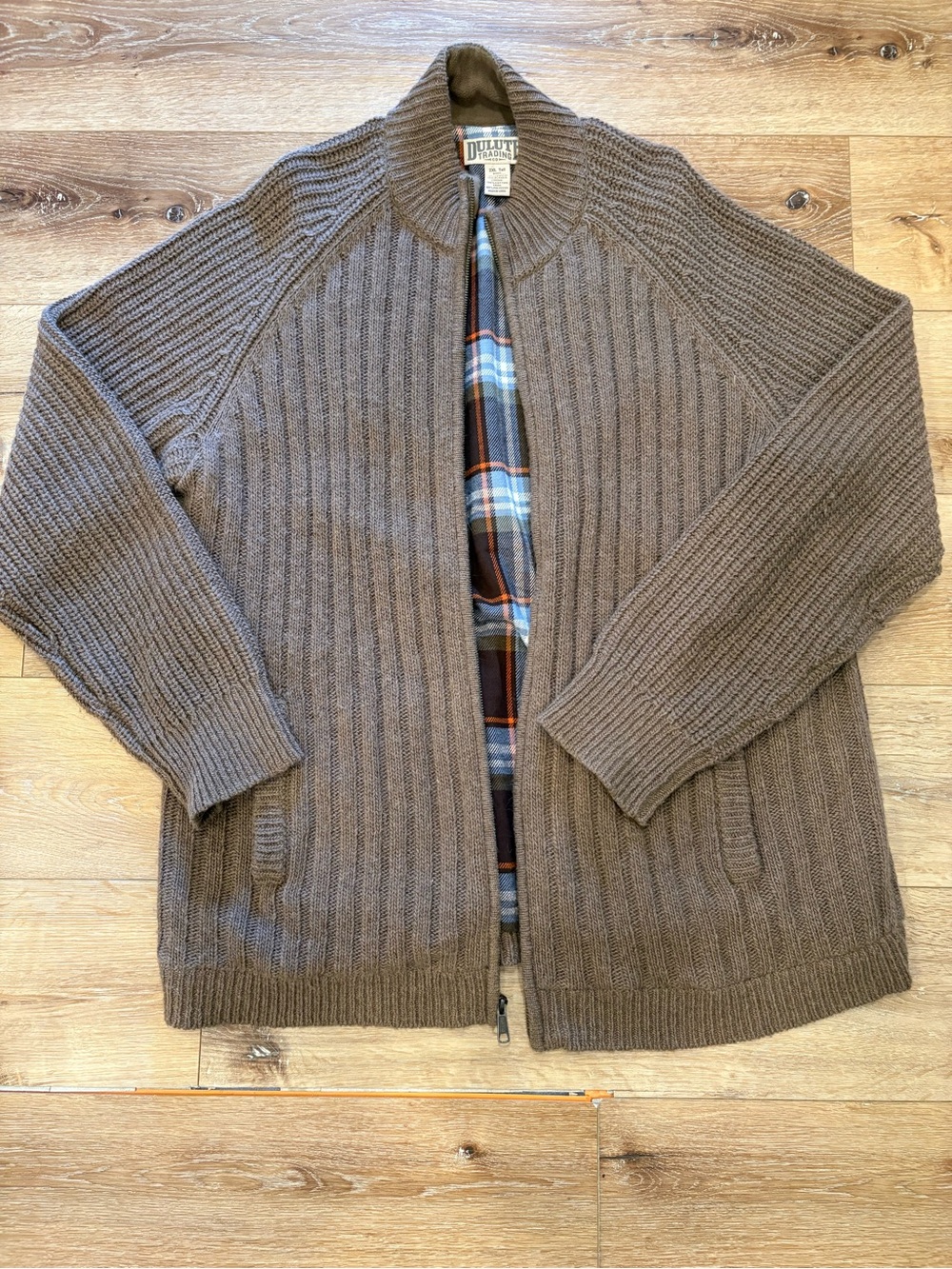 Duluth Trading Co Brown Zip Ribbed Men's Sweater Jacket with Flannel Lining-2XL